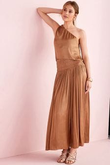 Bronze Brown Satin Midi Pleated Skirt (238491) | TRY 605