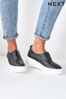 Black/White Slip On Signature Forever Comfort® Leather Chunky Wedges Platform Trainers (238556) | $65