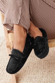 Black Dogtooth Faux Fur Lined Moccasin Slippers (238866) | 28 €