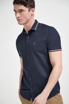 Navy Blue Slim Fit Stretch Oxford Tipped Collar Short Sleeve Shirt (239531) | $35