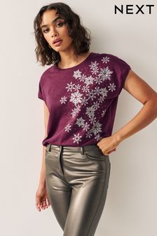 Malve/Violett - Kurzärmeliges Weihnachts-T-Shirt mit Grafik (239765) | 27 €