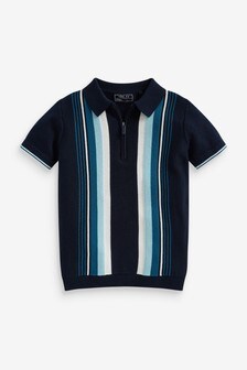 Zip Neck Vertical Stripe Knitted Polo Shirt (3-16yrs)