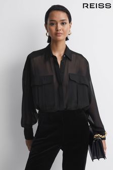 Reiss Black Adaline Oversized Sheer Button-Through Shirt (241202) | $272