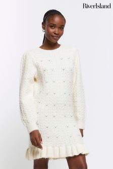 River Island Cream Embellished Cable Knit Dress (242596) | €26