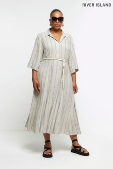 River Island White Plus Belted Godet Linen Midi Dress (243696) | €38