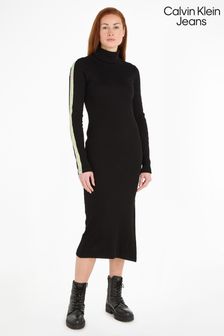 Calvin Klein Jeans Langes, geripptes Kleid mit Logo, Schwarz (245152) | 78 €