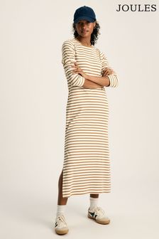 Joules Cleo Tan Brown Striped Long Sleeve Jersey Midi Dress (245334) | OMR26