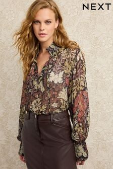 Brązowa połyskująca bluzka Morris & Co Compton z wiązaniem pod szyją i motywem liści i kwiatów (245559) | 150 zł