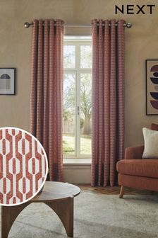 Orange/Neutral Woven Geometric Eyelet Lined Curtains