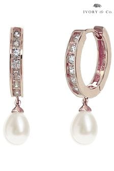 Ivory & Co Rose Gold Canterbury Crystal And Pearl Hoop Earrings (246942) | kr730