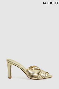 Reiss Gold Imogen Leather Woven Heeled Mules (246951) | OMR82