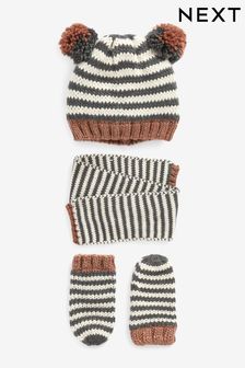 Neutral Stripe Pom Hat, Mitts And Scarf 3 Piece Set (3mths-6yrs) (248230) | 627 UAH - 667 UAH