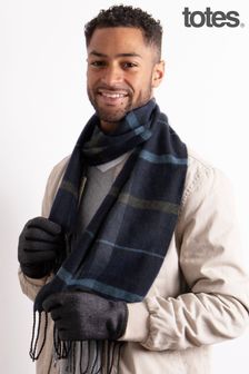 Totes Wool Blend Check Scarf and Thermal Lined Mens Glove Set