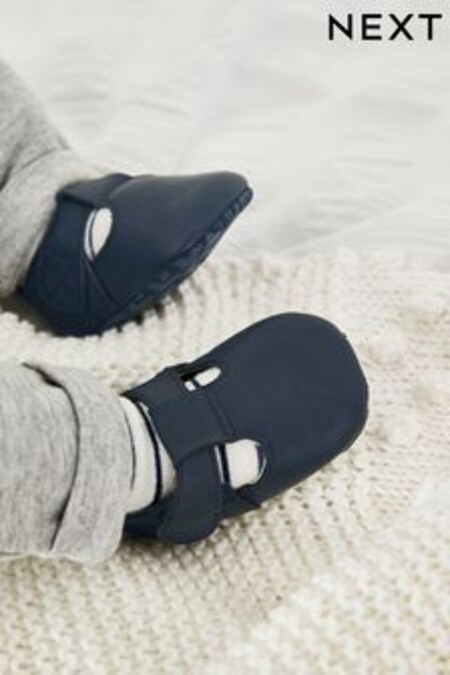 Navy Baby Leather T-Bar Pram Shoes (0-24mths) (250647) | kr188
