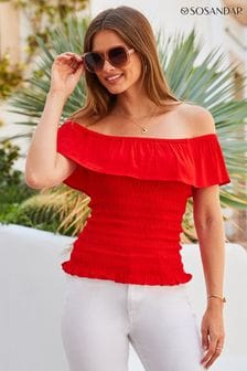 Sosandar Red Shirred Body Frill Bardot Top (252832) | €64