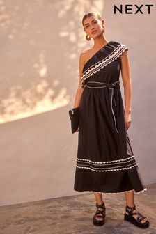 Black/White One Shoulder Rik Rak Summer Belted Dress (254982) | $88