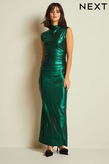 Zielony - Marszczona sukienka midi bez rękawów ze stójką (256250) | 149 zł