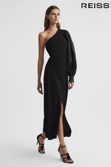 Reiss Black Maeve One-Shoulder Blouson Sleeve Midi Dress (256347) | €170