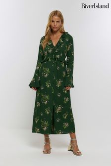 River Island Green Floral Ruffle Midi Dress (256360) | €27