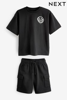 Black Smile Backprint Short Sleeve T-Shirt and Cargo Shorts Set (3-16yrs) (256637) | OMR7 - OMR11