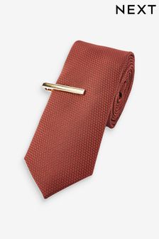 Rust Brown Slim Textured Tie And Clip Set (256871) | SGD 25