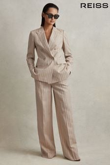 Reiss Neutral Odette Wool Blend Striped Wide Leg Trousers (256910) | €244