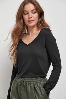 Black Slouch V-Neck Long Sleeve T-Shirt (257697) | AED40
