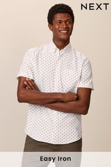 White/Neutral Brown Spot Easy Iron Button Down Short Sleeve Oxford Shirt (258199) | $34