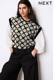 Monochrome Crochet Layered Mono Print Shirt Top (259758) | kr464