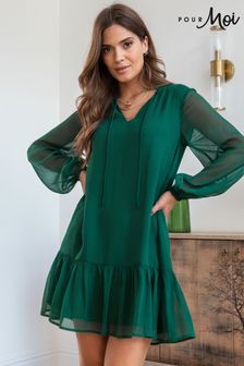 Pour Moi Green Sian Chiffon Long Sleeve Tiered Dress (260827) | AED272