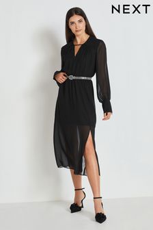 Black Long Sleeve Dress With Diamanté Belt (260909) | $104
