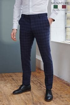 Navy Blue Slim Fit Signature Tollegno Wool Check Suit: Trousers (261005) | €51