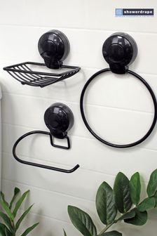 Showerdrape Black Suctionloc Set Of 3 Toilet Roll Holder Towel Ring and Soap Basket