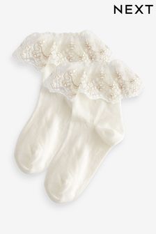 Cream Cotton Rich Bridesmaid Ruffle Ankle Socks 2 Pack (263581) | €6 - €8