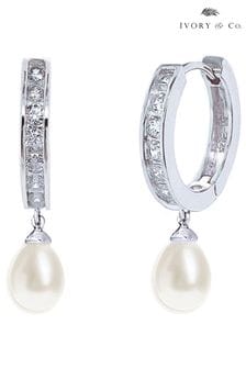 Ivory & Co Rhodium Canterbury Crystal and Pearl Hoop Earrings (267158) | ₪ 186