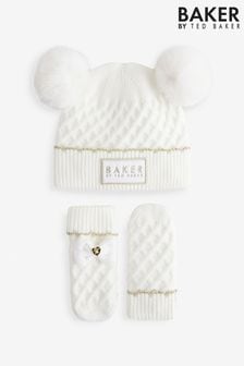 Baker By Ted Baker Girls Cream Double Pom Eared Hat and Mittens Set (268414) | $45