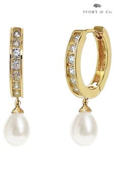 Ivory & Co Gold Canterbury Crystal And Pearl Hoop Earrings (268718) | kr730