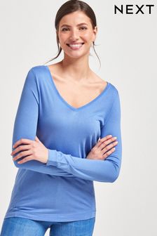 Svetlo modra - Ohlapna majica z dolgimi rokavi in V-izrezom (269329) | €4