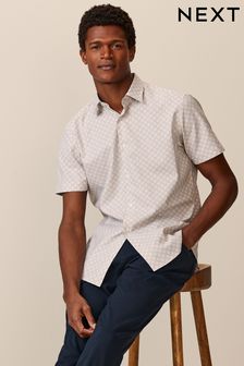 Neutral Brown Geometric Regular Fit Short Sleeve Easy Iron Button Down Oxford Shirt (269936) | 31 €