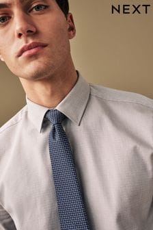 Neutral Brown/Navy Blue Textured Regular Fit Single Cuff Shirt And Tie Pack (270932) | $56