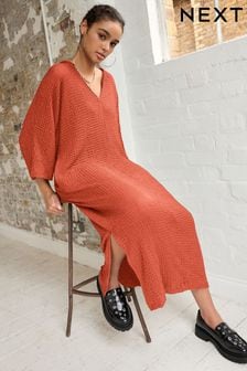 Rust Orange V-Neck Textured Midi Dress (271931) | NT$2,050