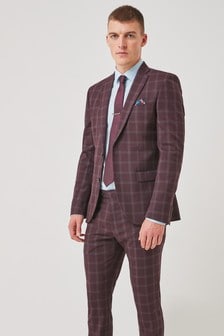 Burgundy Red Skinny Fit Trimmed Check Suit (274076) | €24