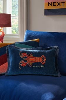 Navy Blue Beaded Lobster 100% Cotton Rectangular Cushion (274619) | $35