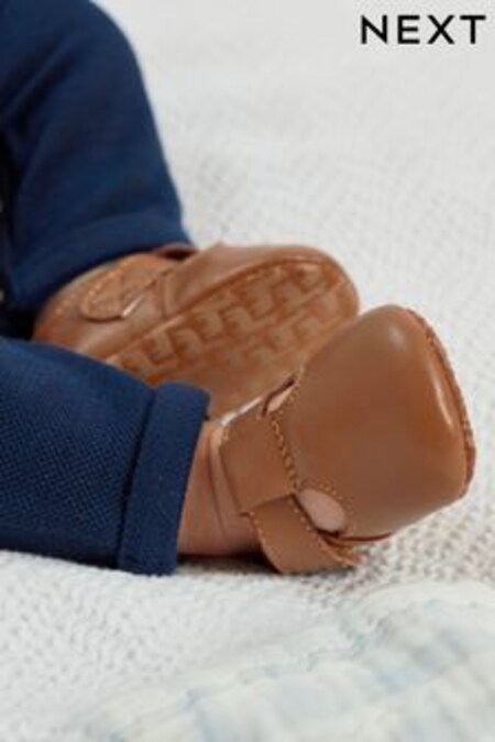 Tan Brown Baby Leather T-Bar Pram Shoes (0-24mths) (275160) | kr188