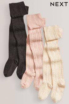Charcoal Grey/Pink/Cream 3 Pack Cotton Rich Cable Tights (275337) | HK$131 - HK$183