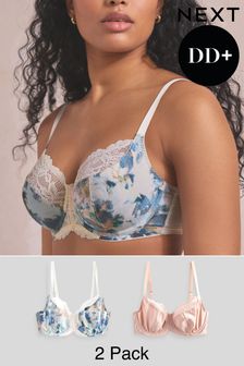 Blue Floral Print/Blush Pink DD Plus Non Pad Wired Full Cup Microfibre and Lace Bras 2 Pack (275471) | 144 QAR