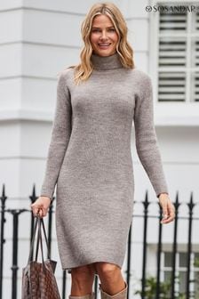 Sosandar Grey Taupe Roll Neck Rib Jumper Dress (275946) | kr974