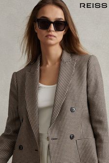 Reiss Black/Camel Ella Petite Double Breasted Wool Dogtooth Blazer (276181) | $725