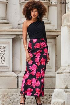 Sosandar Black Floral Print Ruched Detail Satin Maxi Skirt (276388) | €64