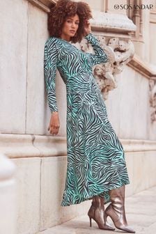 Sosandar Blue Zebra Print Pleated Wrap Front Dress (276424) | OMR41